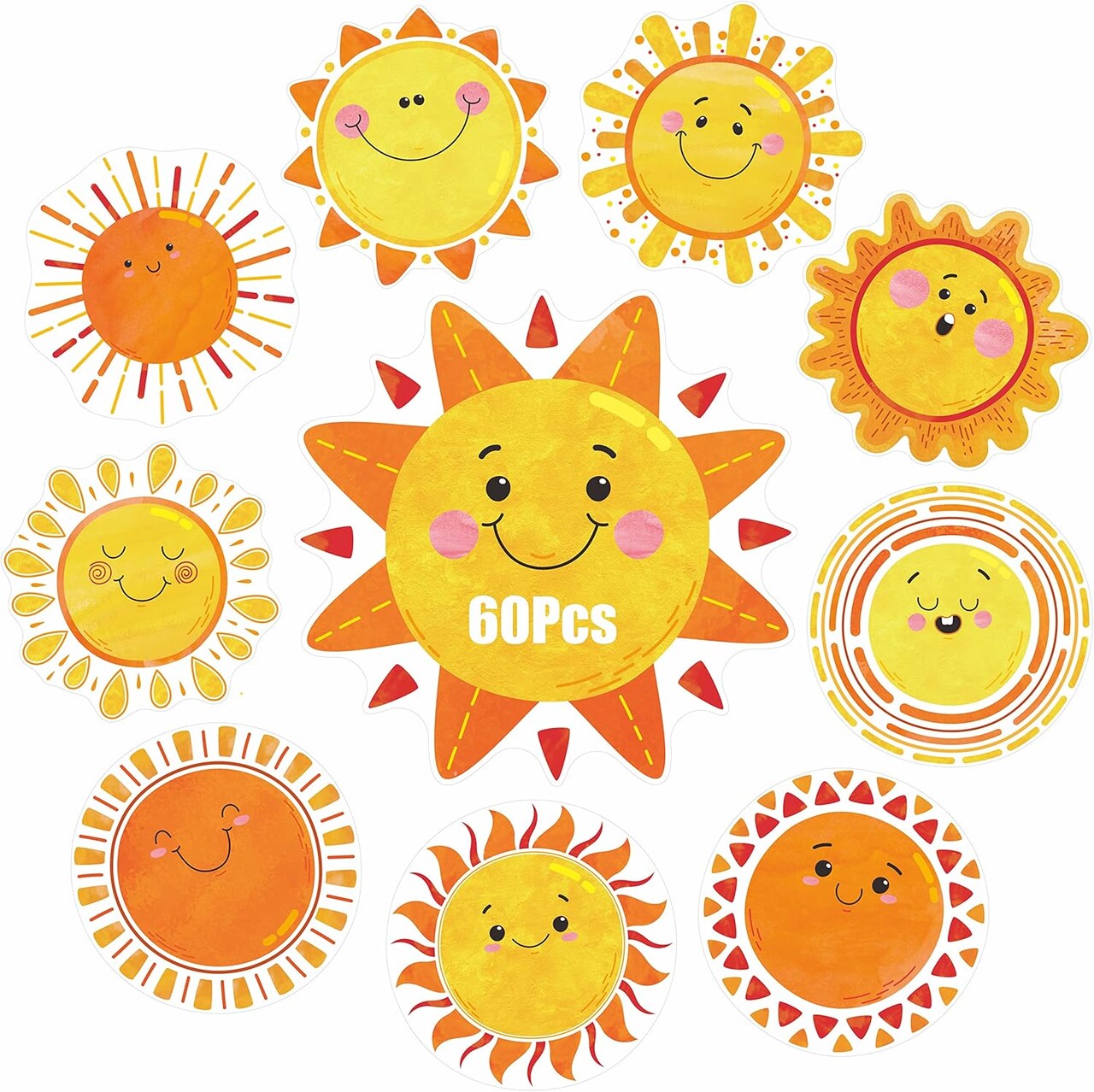 60 PCS Sun Cutouts, 10 Designs Bulletin Board Decoration Sun Cut-Outs DIY Crafts Project Summer